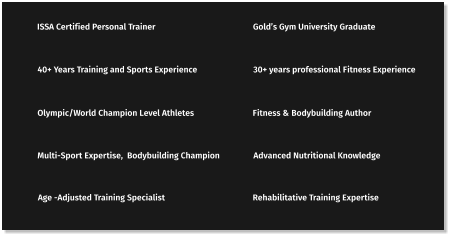 ISSA Certified Personal Trainer Gold’s Gym University Graduate 40+ Years Training and Sports Experience 30+ years professional Fitness Experience Olympic/World Champion Level Athletes Fitness & Bodybuilding Author Multi-Sport Expertise,  Bodybuilding Champion Advanced Nutritional Knowledge Age -Adjusted Training Specialist Rehabilitative Training Expertise